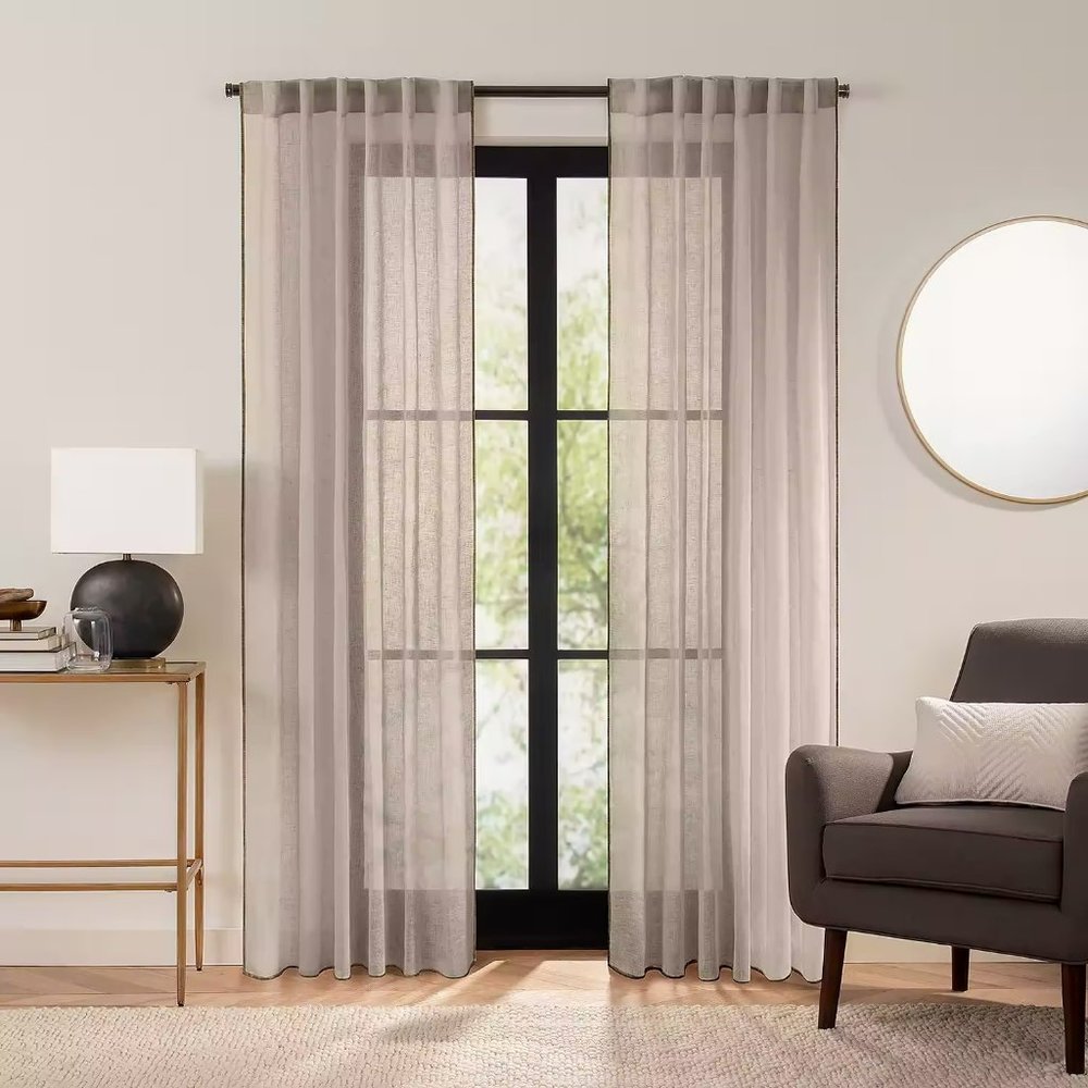 Fieldcrest Luxury Linen Border Stripe Sheer Rod Pocket Back Tab Single Curtain
